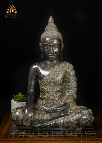 21" Bronze Earth-Witness Buddha Statue Robe with Floral Motifs Cambodian Sacred Art