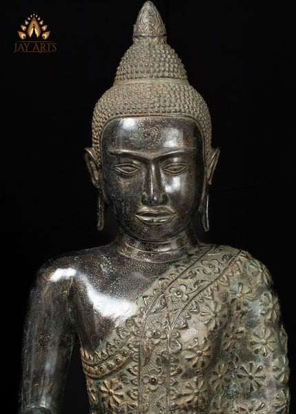 21" Bronze Earth-Witness Buddha Statue Robe with Floral Motifs Cambodian Sacred Art