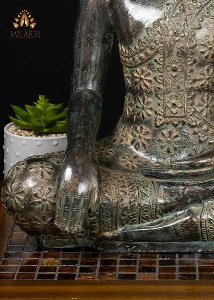 21" Bronze Earth-Witness Buddha Statue Robe with Floral Motifs Cambodian Sacred Art