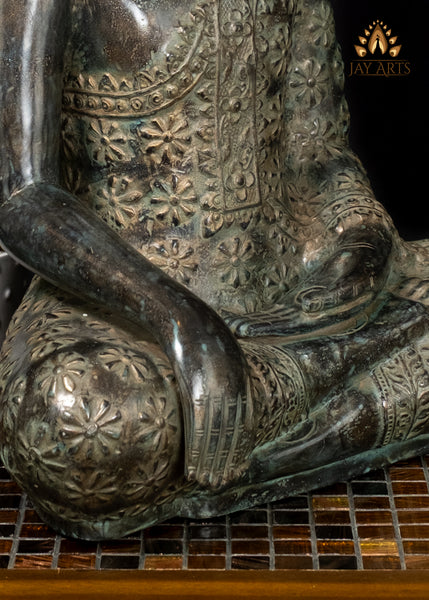 21" Bronze Earth-Witness Buddha Statue Robe with Floral Motifs Cambodian Sacred Art