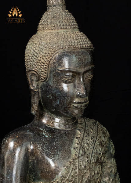 21" Bronze Earth-Witness Buddha Statue Robe with Floral Motifs Cambodian Sacred Art