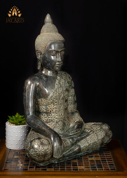 21" Bronze Earth-Witness Buddha Statue Robe with Floral Motifs Cambodian Sacred Art