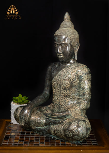 21" Bronze Earth-Witness Buddha Statue Robe with Floral Motifs Cambodian Sacred Art