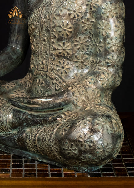 21" Bronze Earth-Witness Buddha Statue Robe with Floral Motifs Cambodian Sacred Art