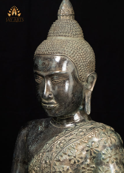 21" Bronze Earth-Witness Buddha Statue Robe with Floral Motifs Cambodian Sacred Art