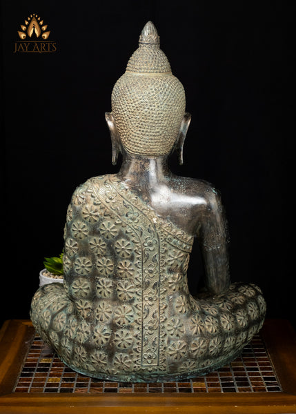 21" Bronze Earth-Witness Buddha Statue Robe with Floral Motifs Cambodian Sacred Art