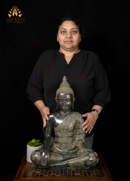 21" Bronze Earth-Witness Buddha Statue Robe with Floral Motifs Cambodian Sacred Art