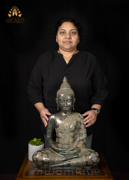 21" Cambodian Bronze Meditation Buddha in Ardha Padmasana with Sacred Floral Robe