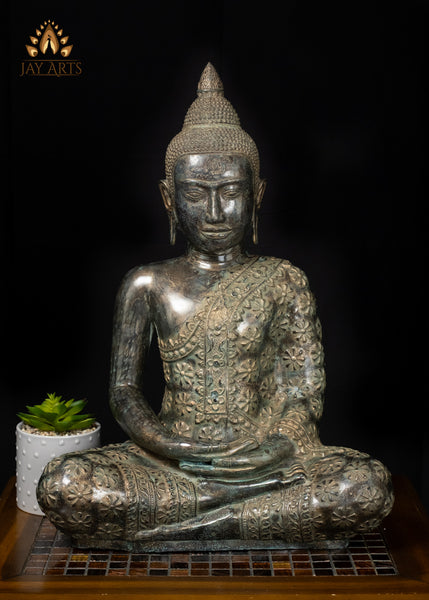 21" Cambodian Bronze Meditation Buddha in Ardha Padmasana with Sacred Floral Robe