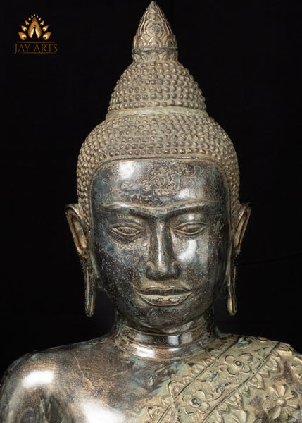 21" Cambodian Bronze Meditation Buddha in Ardha Padmasana with Sacred Floral Robe