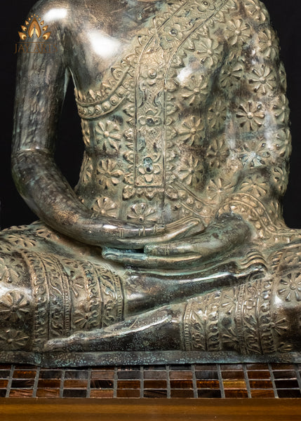 21" Cambodian Bronze Meditation Buddha in Ardha Padmasana with Sacred Floral Robe