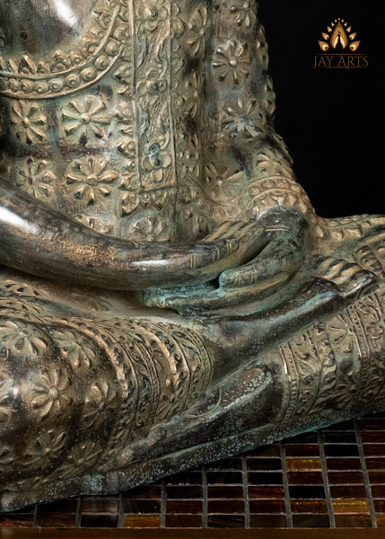 21" Cambodian Bronze Meditation Buddha in Ardha Padmasana with Sacred Floral Robe
