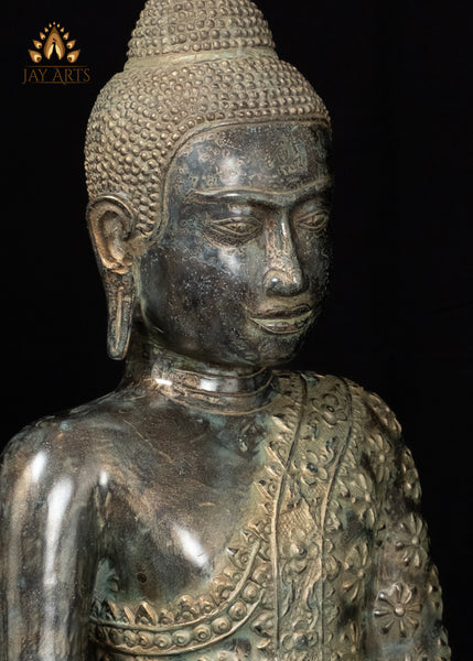 21" Cambodian Bronze Meditation Buddha in Ardha Padmasana with Sacred Floral Robe