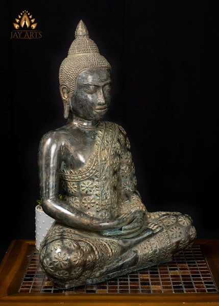 21" Cambodian Bronze Meditation Buddha in Ardha Padmasana with Sacred Floral Robe
