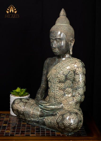 21" Cambodian Bronze Meditation Buddha in Ardha Padmasana with Sacred Floral Robe
