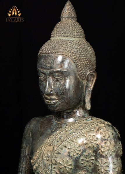 21" Cambodian Bronze Meditation Buddha in Ardha Padmasana with Sacred Floral Robe