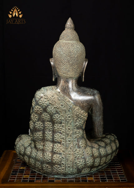 21" Cambodian Bronze Meditation Buddha in Ardha Padmasana with Sacred Floral Robe