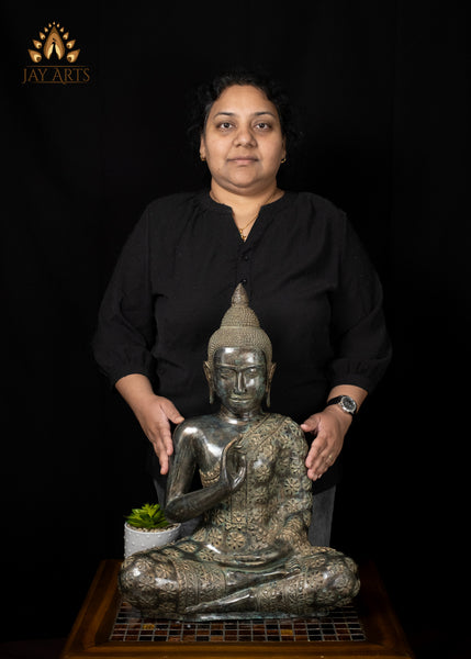 21" Cambodian Bronze Buddha Statue in Akasha Mudra with Floral Robe Sacred Art