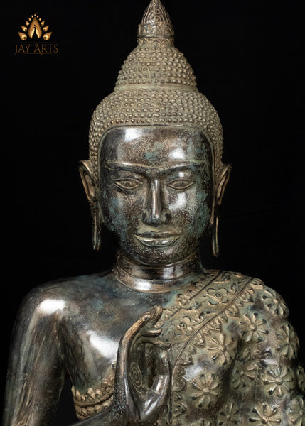 21" Cambodian Bronze Buddha Statue in Akasha Mudra with Floral Robe Sacred Art