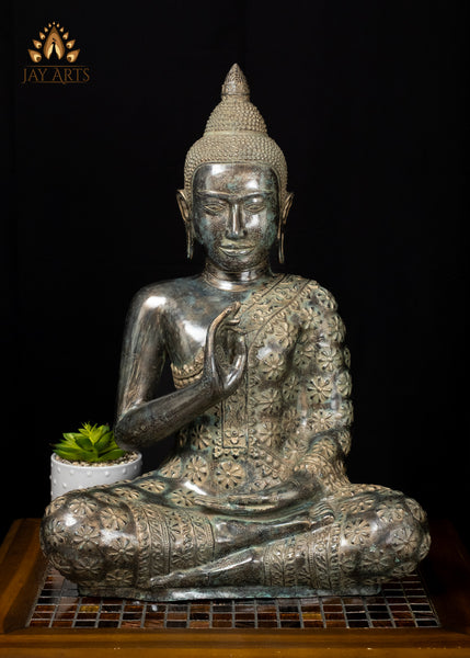 21" Cambodian Bronze Buddha Statue in Akasha Mudra with Floral Robe Sacred Art