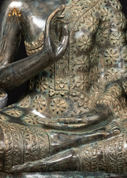 21" Cambodian Bronze Buddha Statue in Akasha Mudra with Floral Robe Sacred Art
