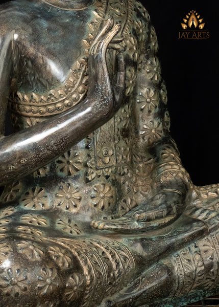 21" Cambodian Bronze Buddha Statue in Akasha Mudra with Floral Robe Sacred Art