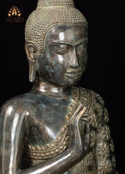 21" Cambodian Bronze Buddha Statue in Akasha Mudra with Floral Robe Sacred Art