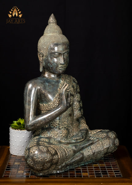 21" Cambodian Bronze Buddha Statue in Akasha Mudra with Floral Robe Sacred Art