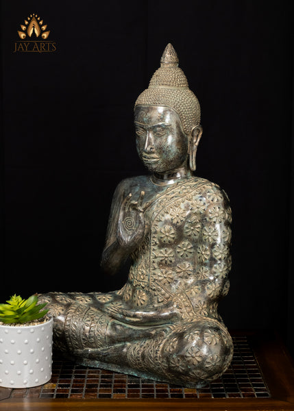 21" Cambodian Bronze Buddha Statue in Akasha Mudra with Floral Robe Sacred Art