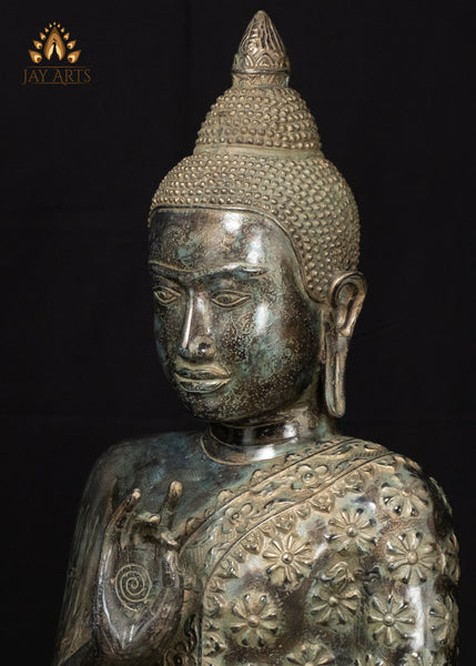 21" Cambodian Bronze Buddha Statue in Akasha Mudra with Floral Robe Sacred Art