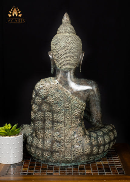 21" Cambodian Bronze Buddha Statue in Akasha Mudra with Floral Robe Sacred Art