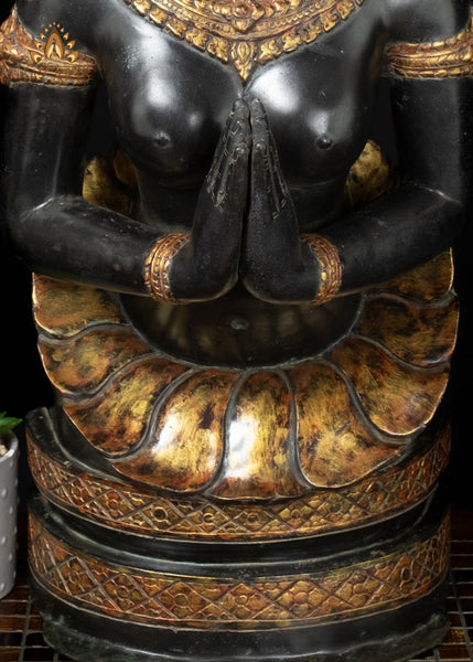 33" Bronze Namaste Apsara Statue in Black and Gold Handmade Cambodian Celestial Beauty
