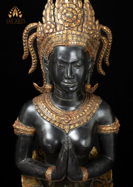 33" Bronze Namaste Apsara Statue in Black and Gold Handmade Cambodian Celestial Beauty