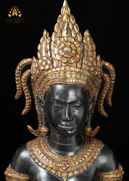 33" Bronze Namaste Apsara Statue in Black and Gold Handmade Cambodian Celestial Beauty