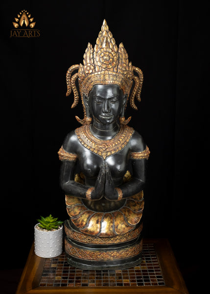 33" Bronze Namaste Apsara Statue in Black and Gold Handmade Cambodian Celestial Beauty