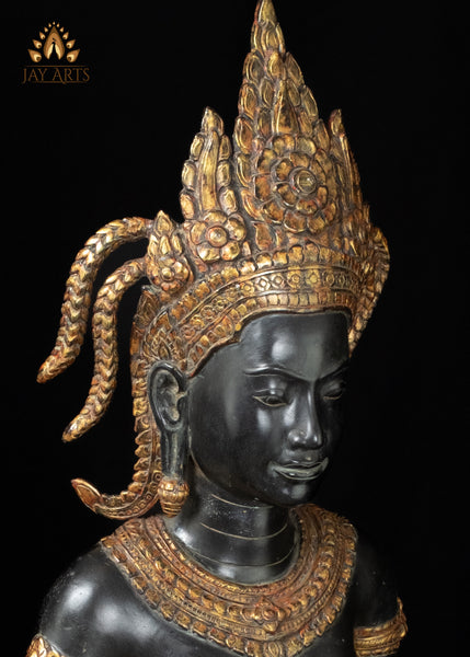 33" Bronze Namaste Apsara Statue in Black and Gold Handmade Cambodian Celestial Beauty