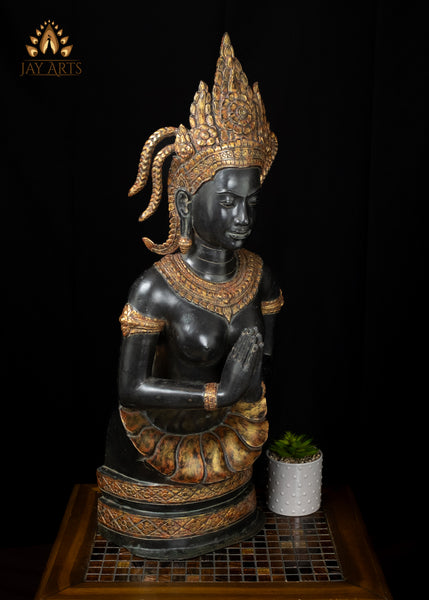 33" Bronze Namaste Apsara Statue in Black and Gold Handmade Cambodian Celestial Beauty