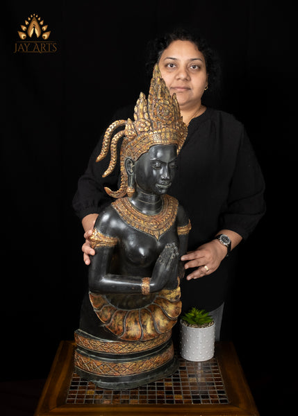 33" Bronze Namaste Apsara Statue in Black and Gold Handmade Cambodian Celestial Beauty