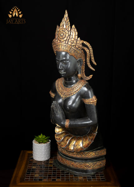 33" Bronze Namaste Apsara Statue in Black and Gold Handmade Cambodian Celestial Beauty