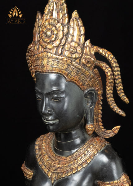 33" Bronze Namaste Apsara Statue in Black and Gold Handmade Cambodian Celestial Beauty