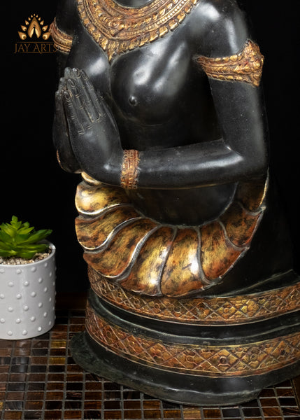 33" Bronze Namaste Apsara Statue in Black and Gold Handmade Cambodian Celestial Beauty