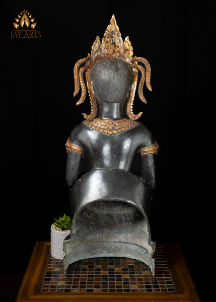 33" Bronze Namaste Apsara Statue in Black and Gold Handmade Cambodian Celestial Beauty