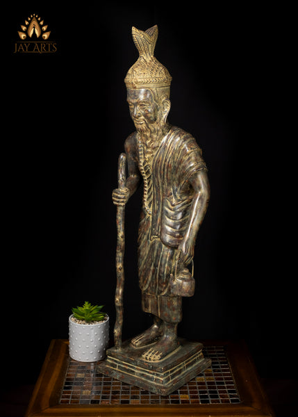 32" Cambodian Bronze Moiney Eisey Hermit Sage Statue in Antique Charm Sacred Khmer Art