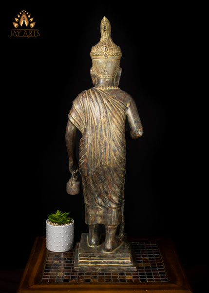 32" Cambodian Bronze Moiney Eisey Hermit Sage Statue in Antique Charm Sacred Khmer Art