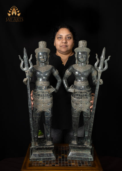 33" Pair of Khmer Bronze Temple Guardian Statues Sacred Protectors with Antique Charm