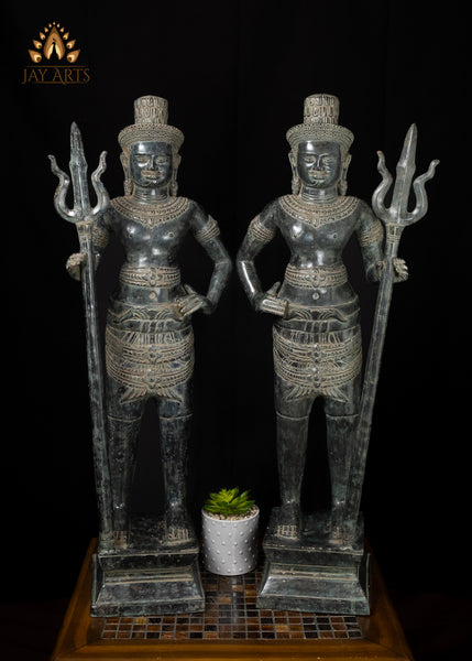 33" Pair of Khmer Bronze Temple Guardian Statues Sacred Protectors with Antique Charm