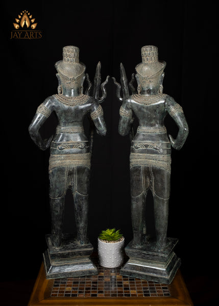 33" Pair of Khmer Bronze Temple Guardian Statues Sacred Protectors with Antique Charm