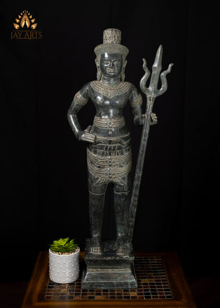 33" Pair of Khmer Bronze Temple Guardian Statues Sacred Protectors with Antique Charm