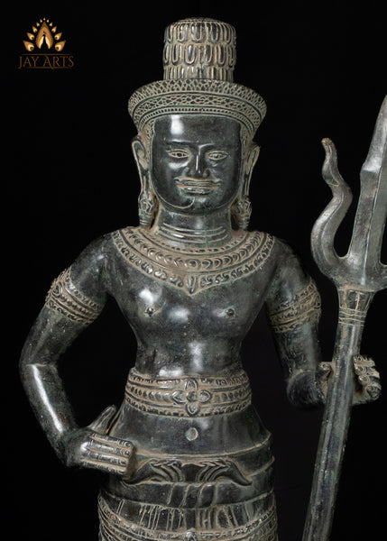 33" Pair of Khmer Bronze Temple Guardian Statues Sacred Protectors with Antique Charm