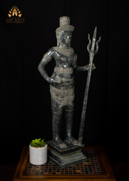 33" Pair of Khmer Bronze Temple Guardian Statues Sacred Protectors with Antique Charm